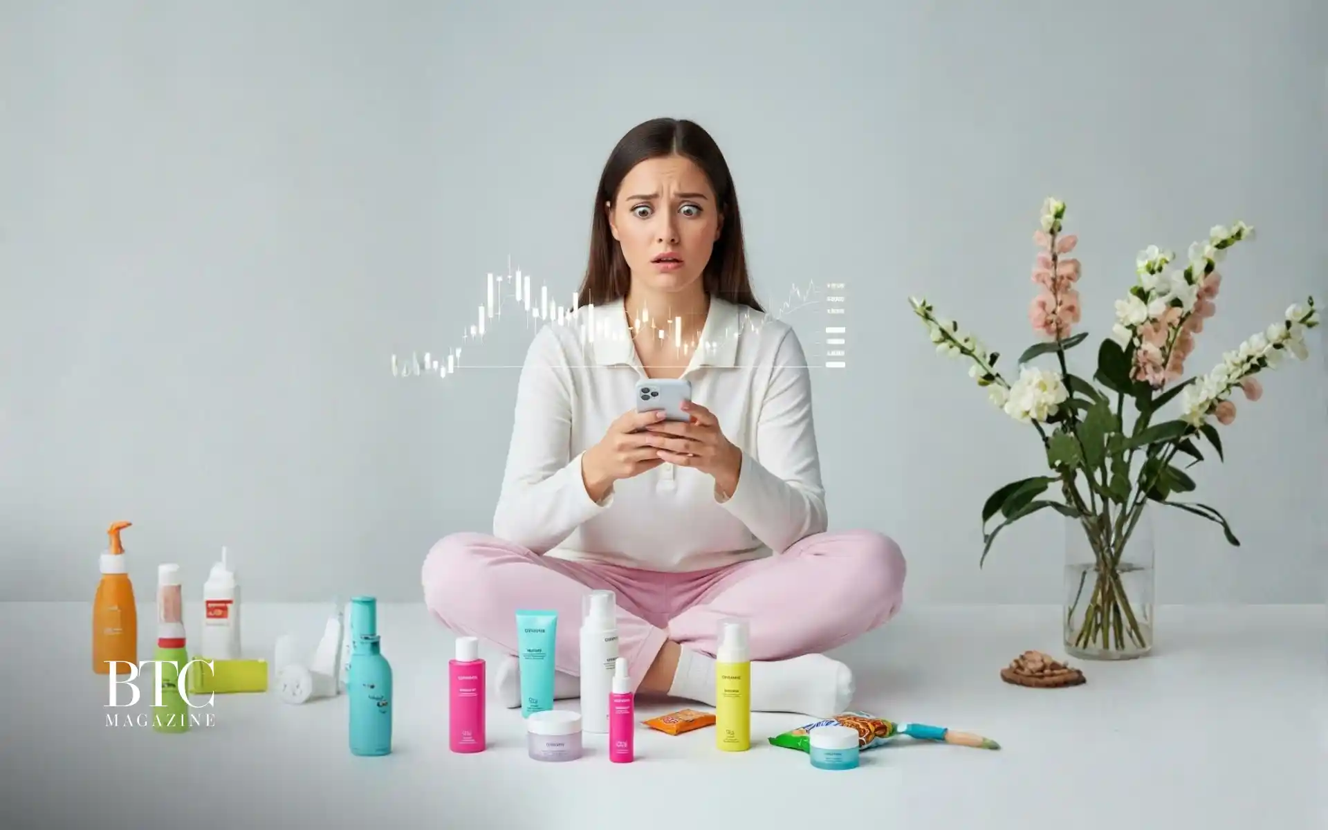 Woman looking at cryptocurrency graphs laptop