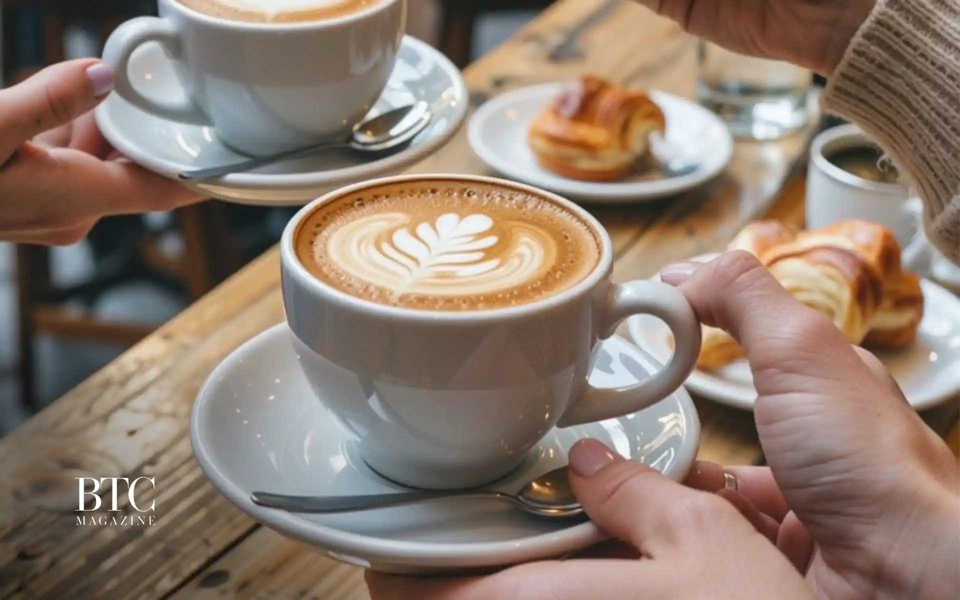 Espresso and cornetto on marble café bar Florence