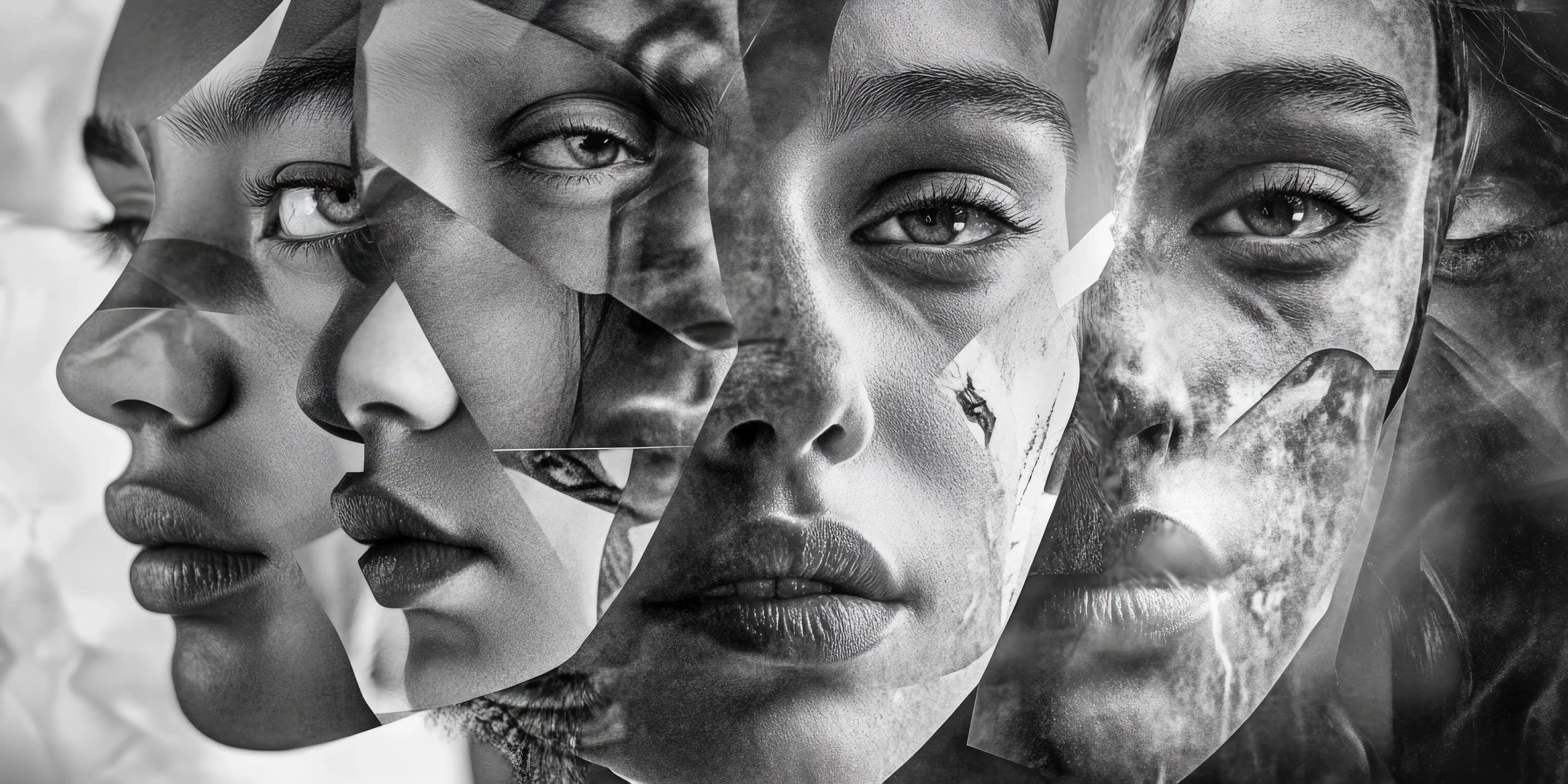 Collage of fragmented diverse women's faces merged together, cultural identity multicultural representation and womanhood