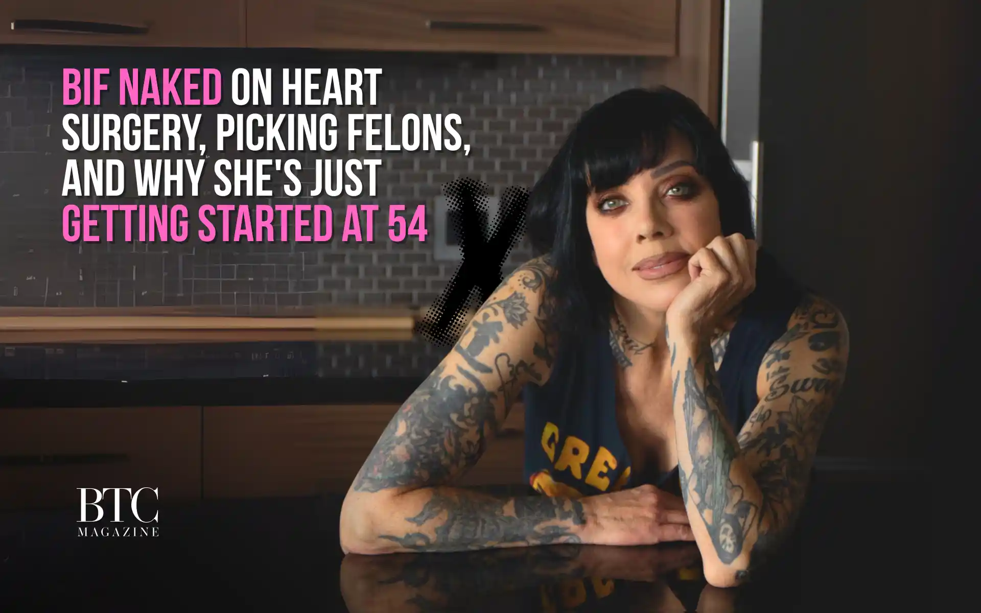 Bif Naked smiling boldly in performance outfit