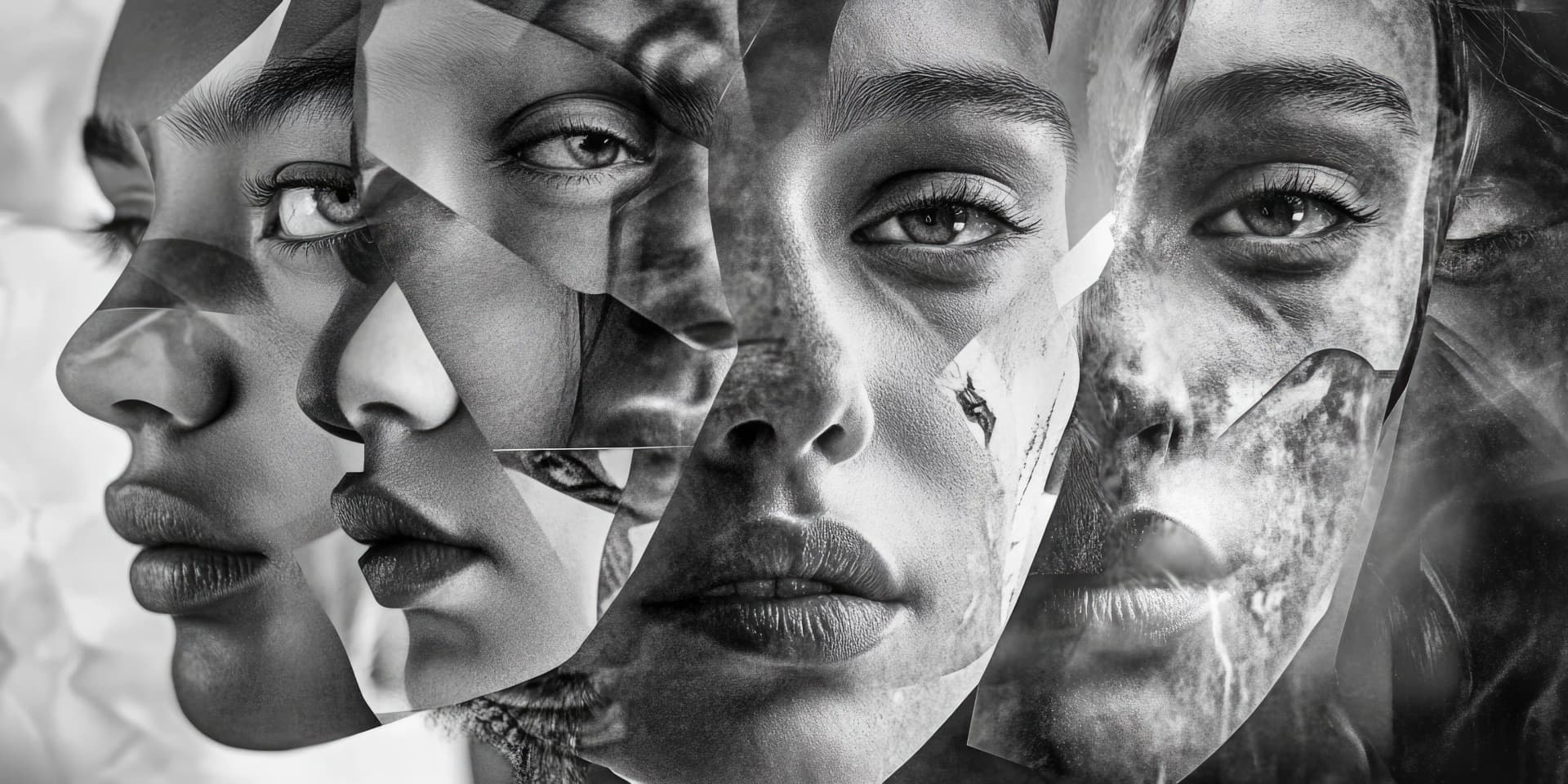 Collage of fragmented diverse women's faces merged together, cultural identity multicultural representation and womanhood